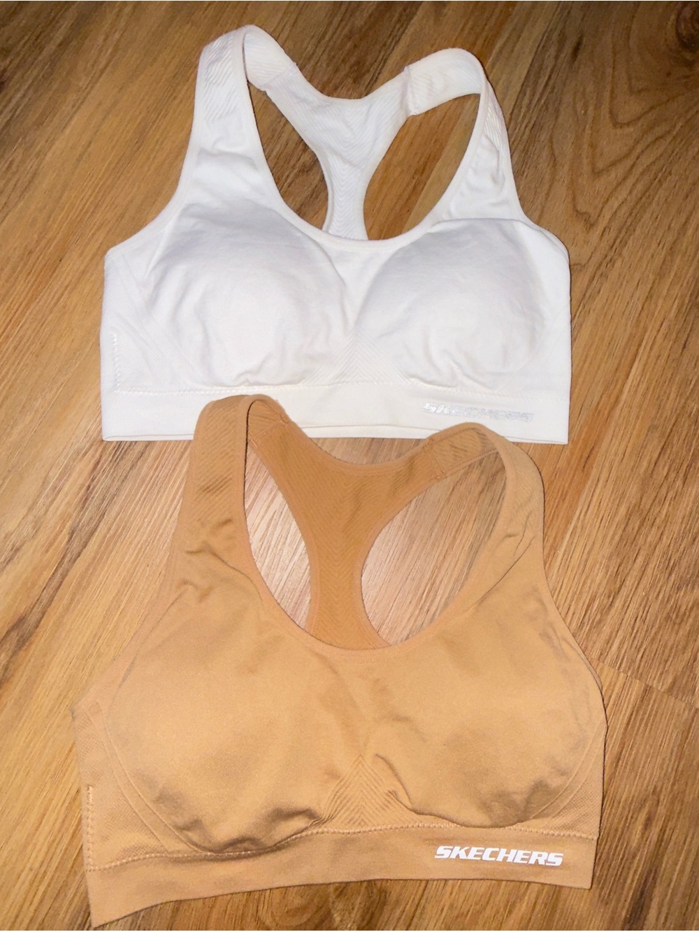 Skechers Racerback Seamless Sports Bras in White and Tan